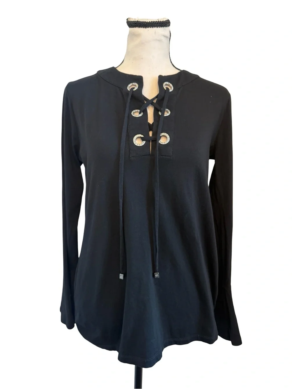 Michael Kors Black Lace Up Tunic Top Rhinestone Grommet Bell Sleeve S
